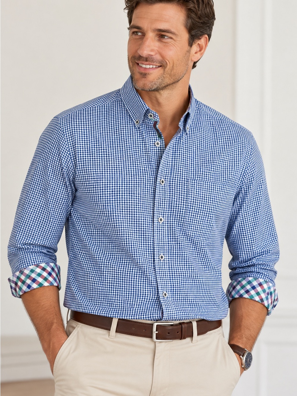 Johnston & Murphy XC4 Men’s Gingham Performance Stretch Shirt Blue L